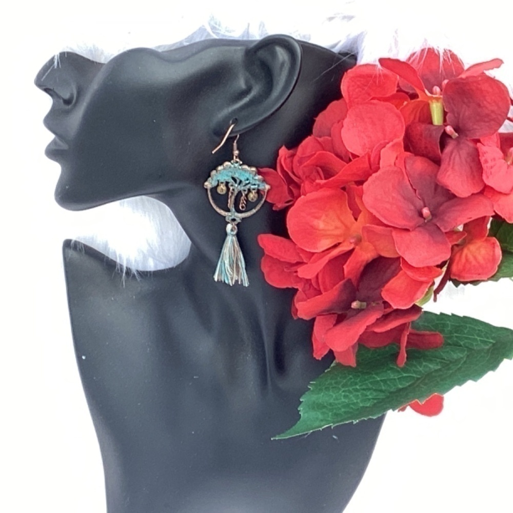 BOGO New Turquoise Blue & Copper Southwestern Boho Tree Of Life Tassel Earrings - Picture 3 of 7
